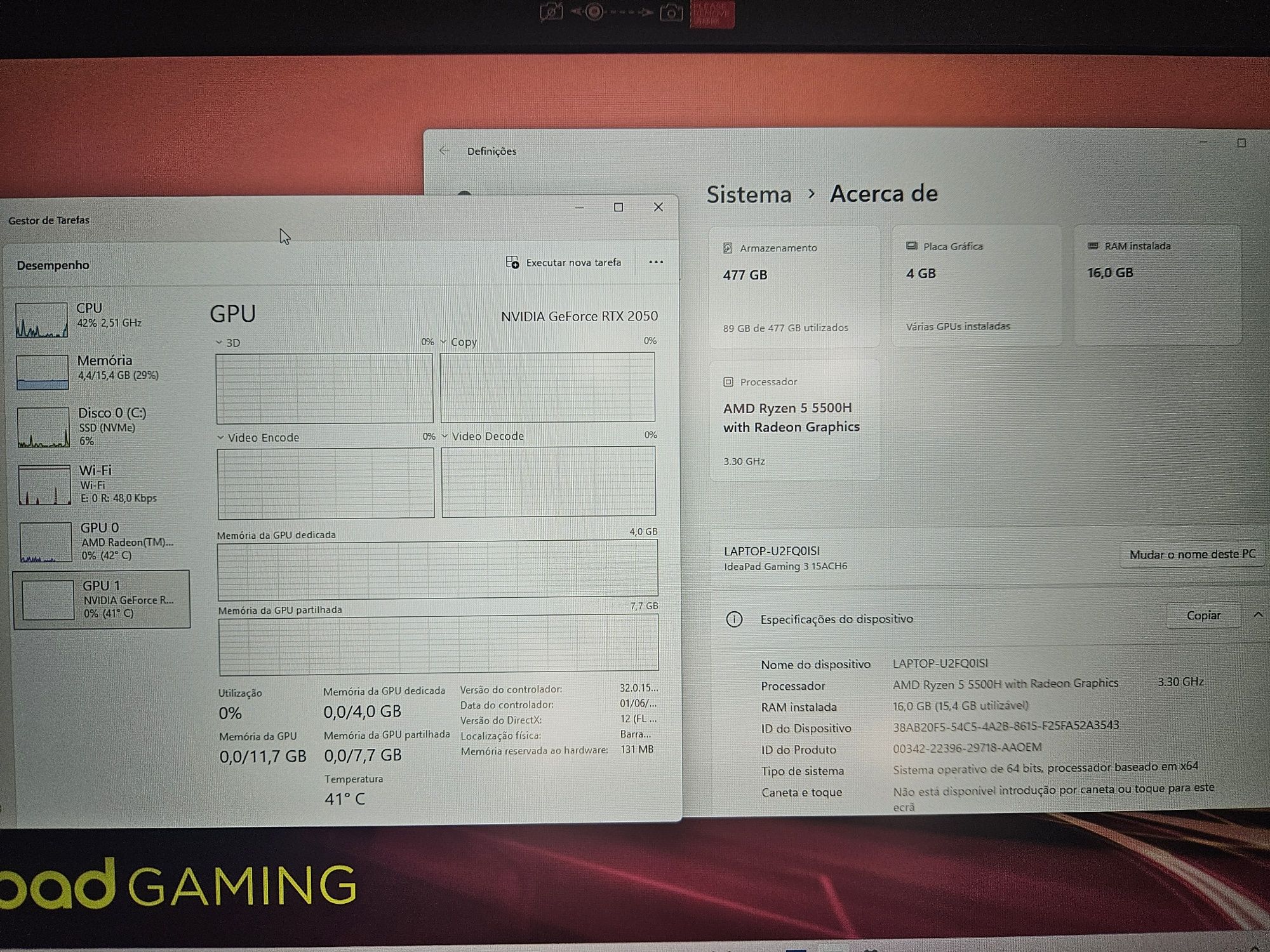 Lenovo IdeaPad Gaming 3 Ryzen 5 5500H/16gb/512gb/RTX 2050 4GB/Garantia