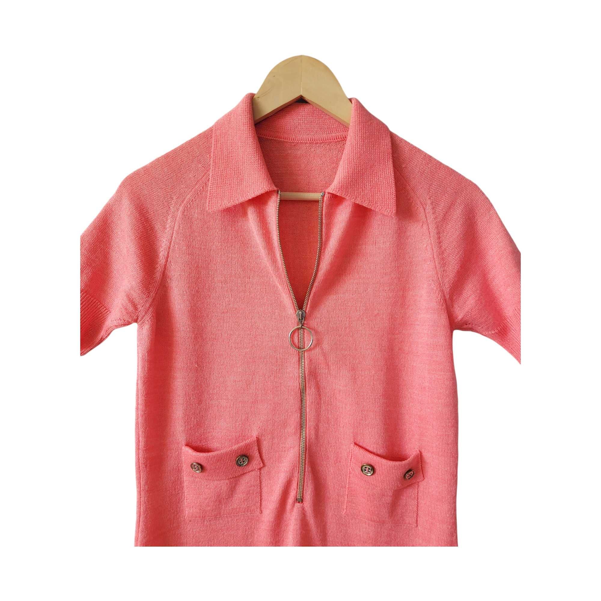 Różowa dzianinowa sukienka vintage retro S/M lata 70 krótki rękaw