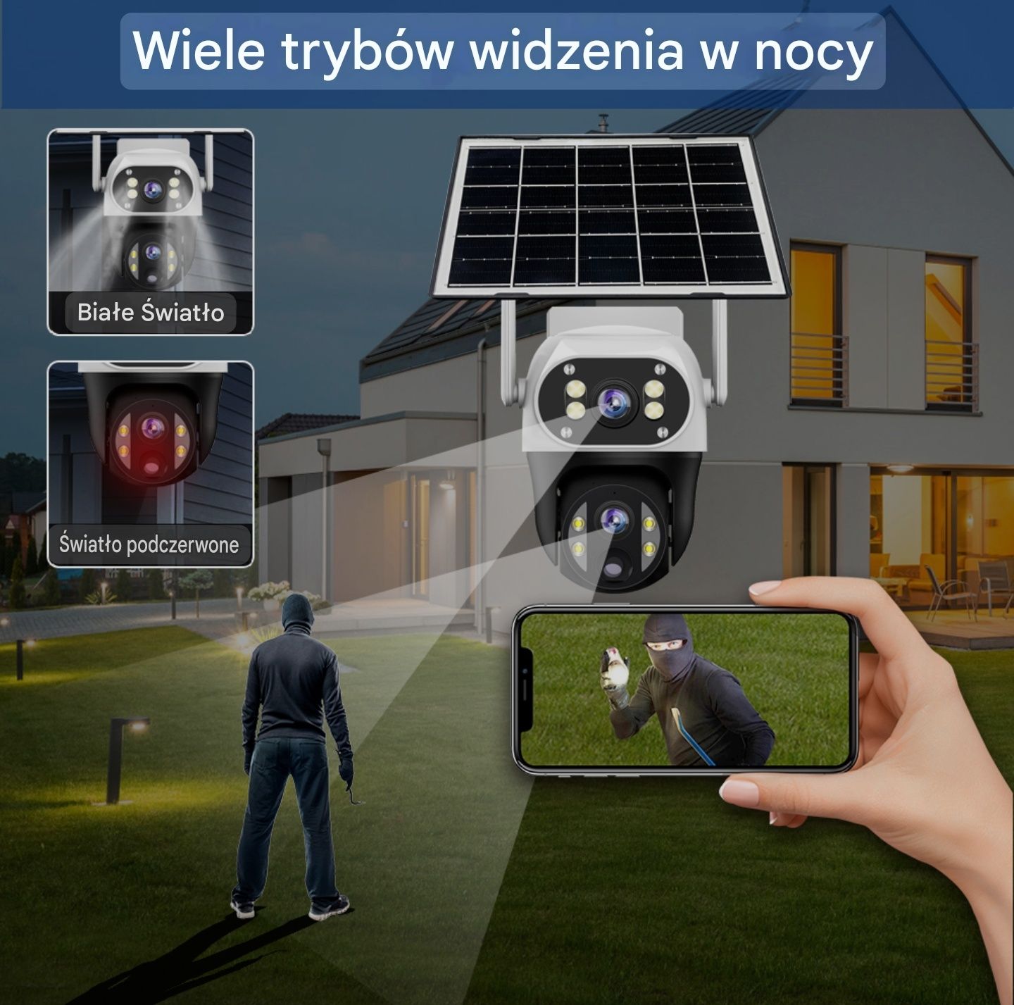 Kamera Solarna WiFi 8MP, 2 obiektywy 10X Zoom IP66 Obrotowa