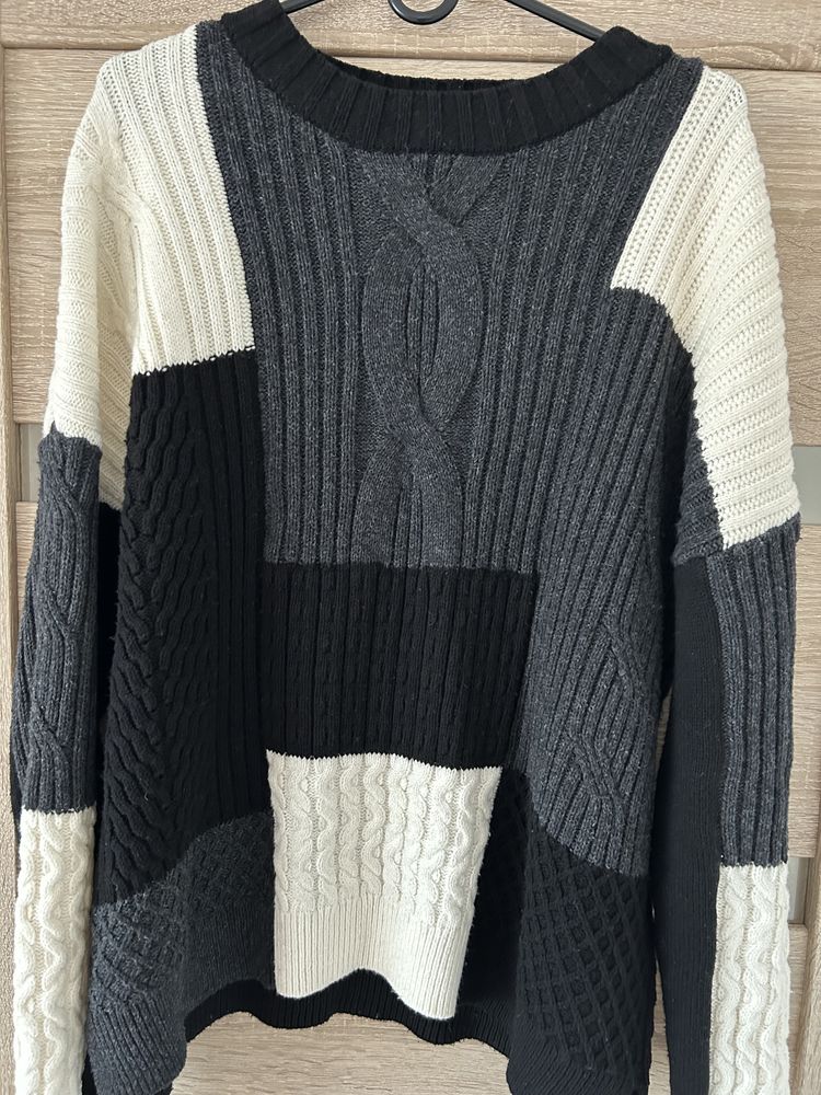 Sweter czarny grafit patchwork bawełna wełna French Connection
