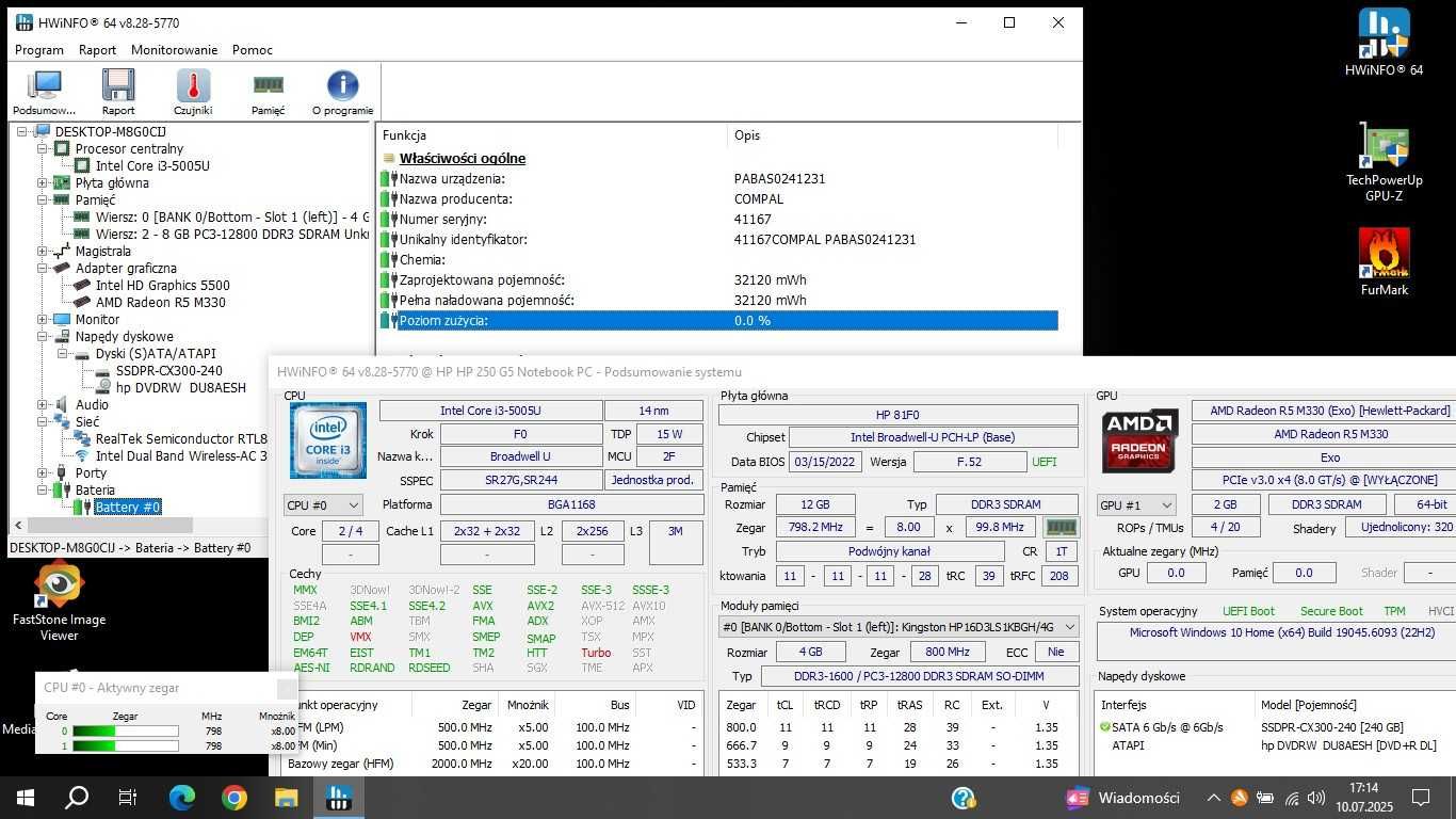 Laptop HP 250 G5/15.6/i3-5005U-2.7GHz/AMD R5 M330-2GB/12G/SSD240/Win10