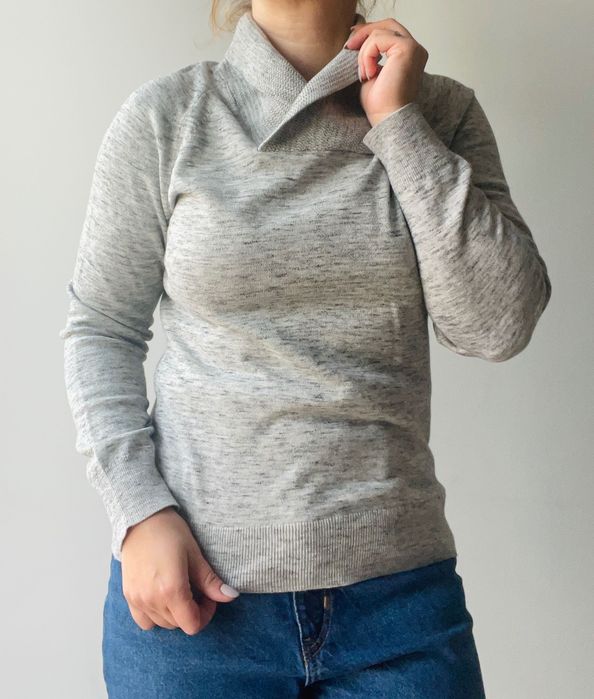 Sweter 100% bawełna szary melanżowy z kołnierzem taliowany H&M 36 S