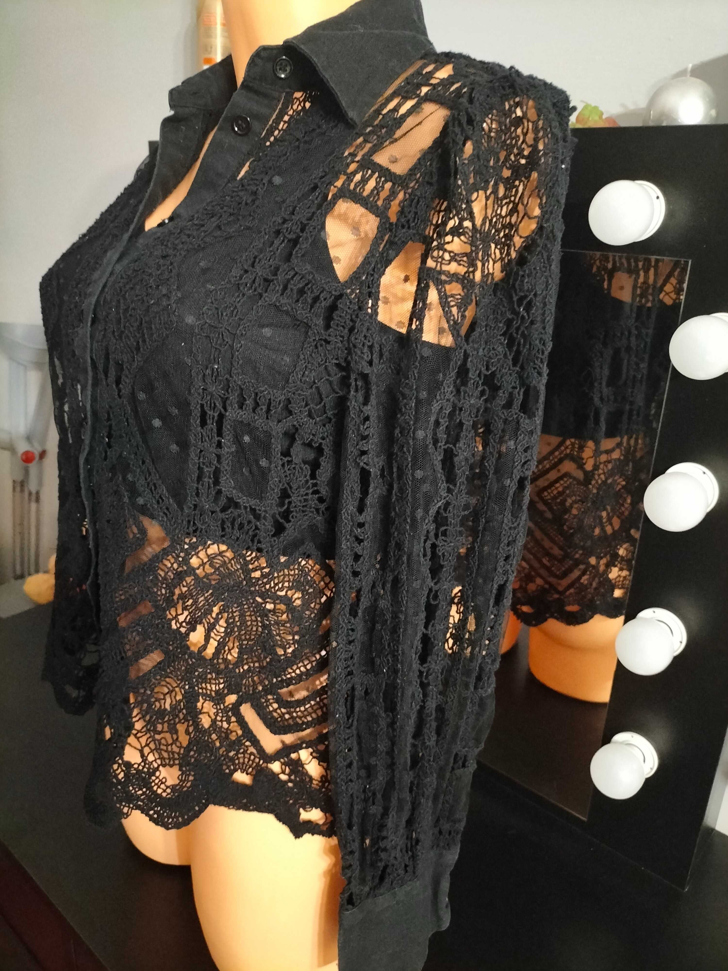 ZARA Czarna Elegancka koszula z koronki r. S/M