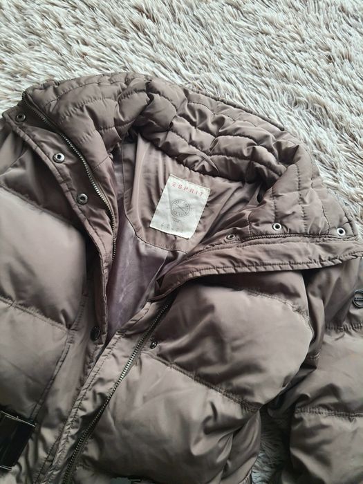 Oliwkowy puchowy płaszcz zimowy, ocieplany Esprit XS/34 real down