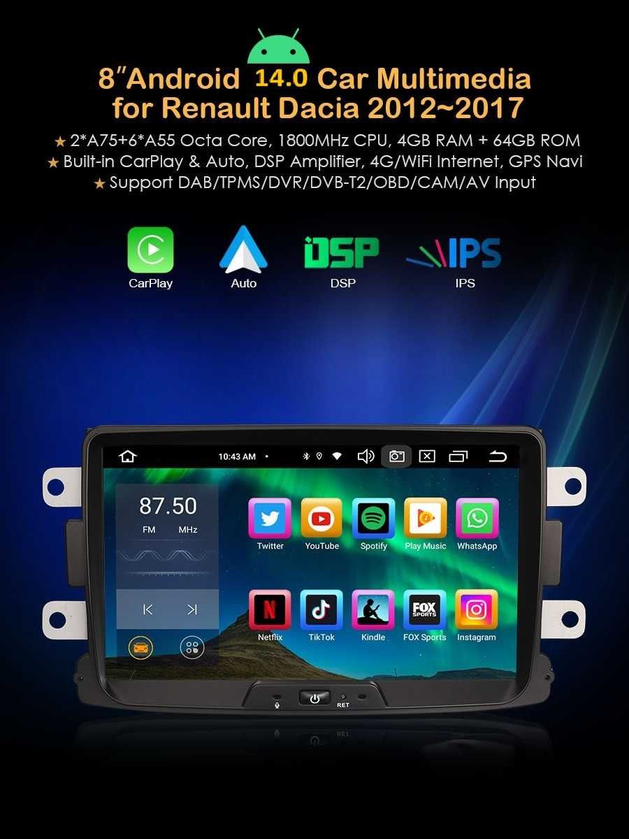 Auto-rádio 2 din android 14 Megane Dacia Duster Logan Sandero Dokker