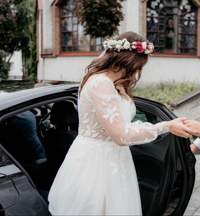 Suknia ślubna bez trenu, koronkowa, Boho