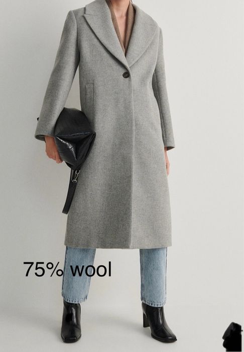 Nowy z metką Wełniany szary płaszcz reserved 40 L 75% wełna