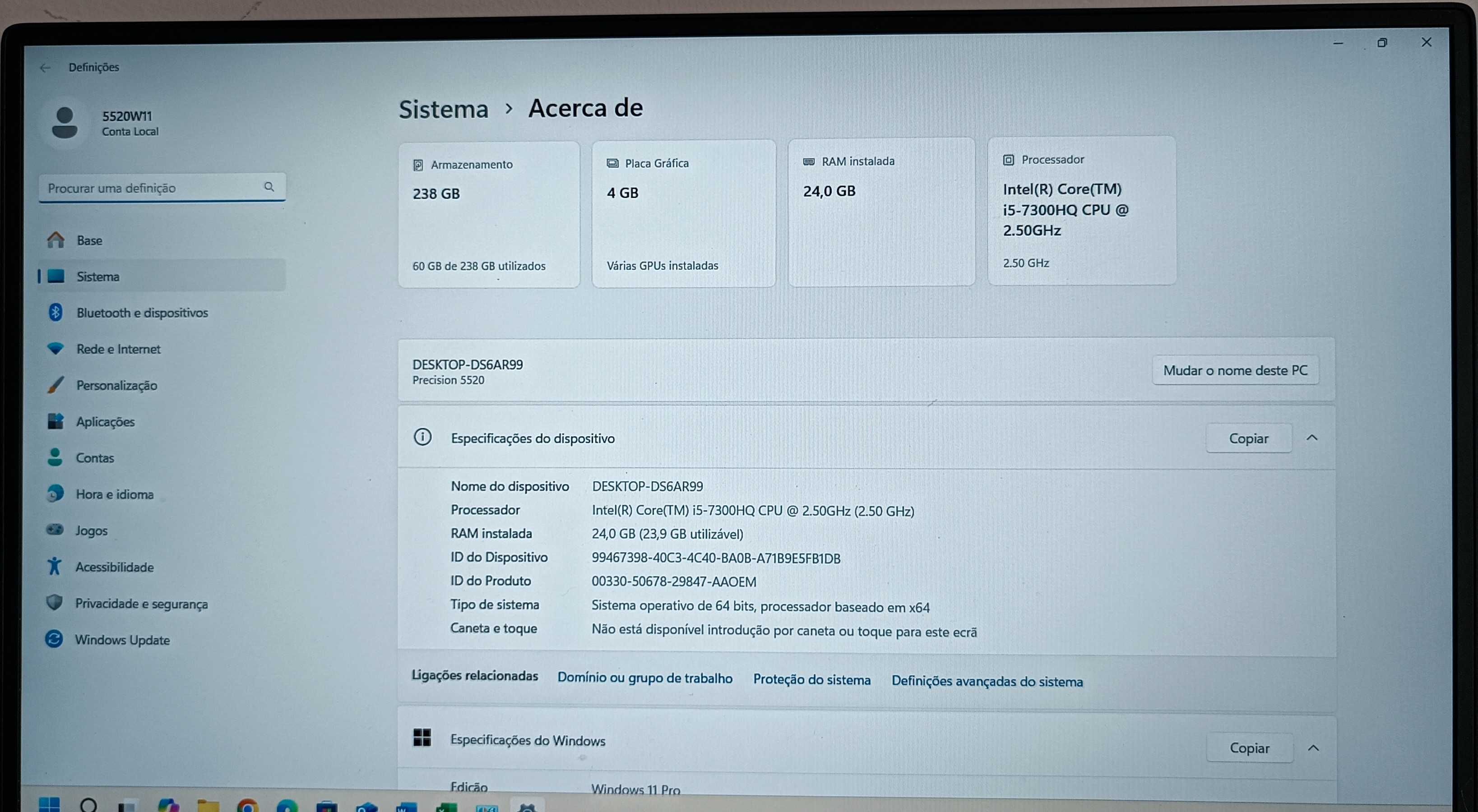 Dell Precision 15 5520/Ecrã 15.6 FHD/NVIDIA 4GB/i5/NVME/24GB RAM