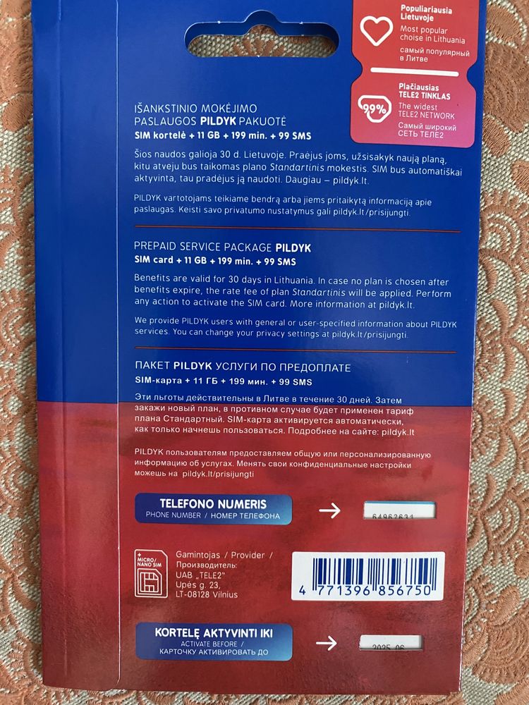 Karta SIM Litwa PILDYK 11gb