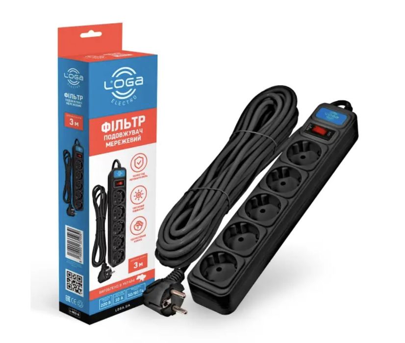 Мережевий подовжувач (3 м), чорний