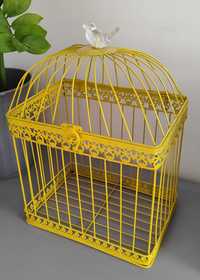 nowa cena - Dekoracja żółta, metalowa klatka z kryształowym ptaszkiem