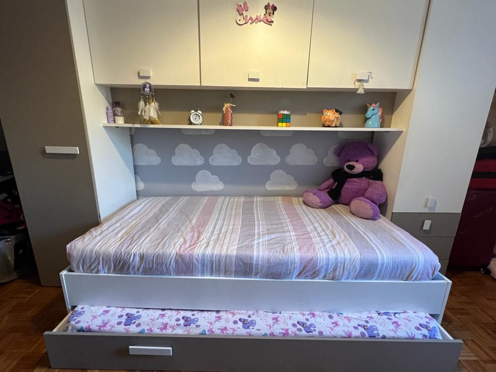 Conjunto cama de criança com ponte + estrado + colchão