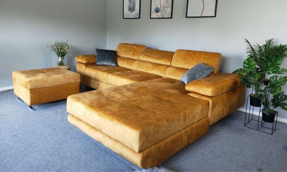 Wypoczynek, sofa, kanapa z funkcja spania, musztardowa