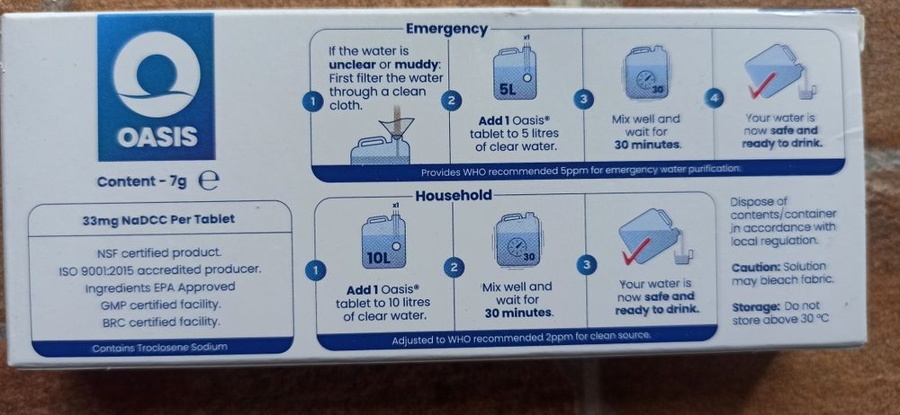 Таблетки для обеззараживания воды Oasis. Таблетка на 10 литров воды.