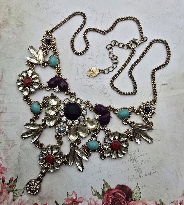 Barokowy kolorowy złoty naszyjnik złota kolia kryształy vintage modny