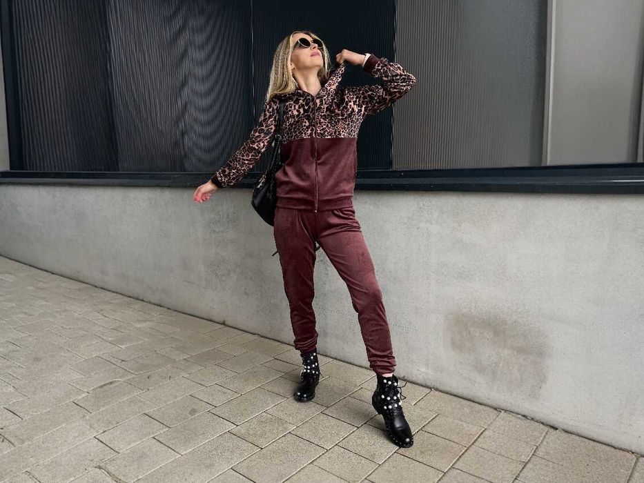 Dresy damskie welurowe w panterkę spodnie + bluza brązowe r.S wys.24h