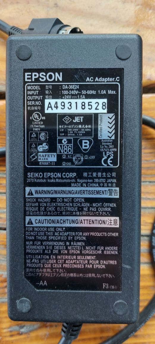 Блок живлення, адаптер живлення Epson 24в, 1,5А