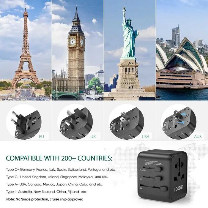 Adapter LENCENT na międzynarodowe podróże UE AU US UK