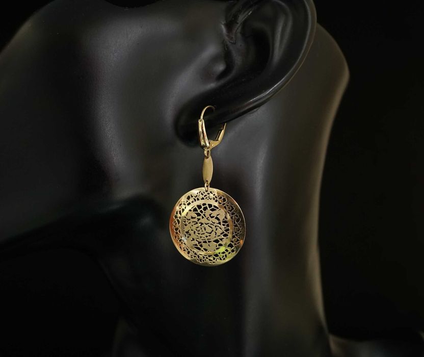 Złoto 585-złote kolczyki wiszące ażurowe koła