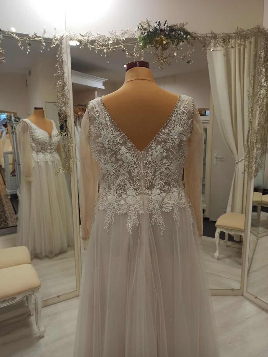 Suknia ślubna plus size 48 50 52 NOWA brokatowy ivory beż długi rękaw