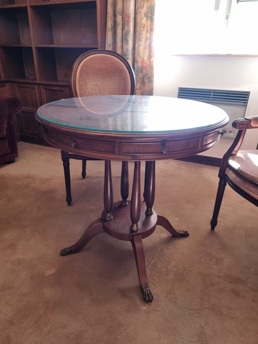 Mesa de jogo Redonda Clássica em Madeira com Tampo de Vidro