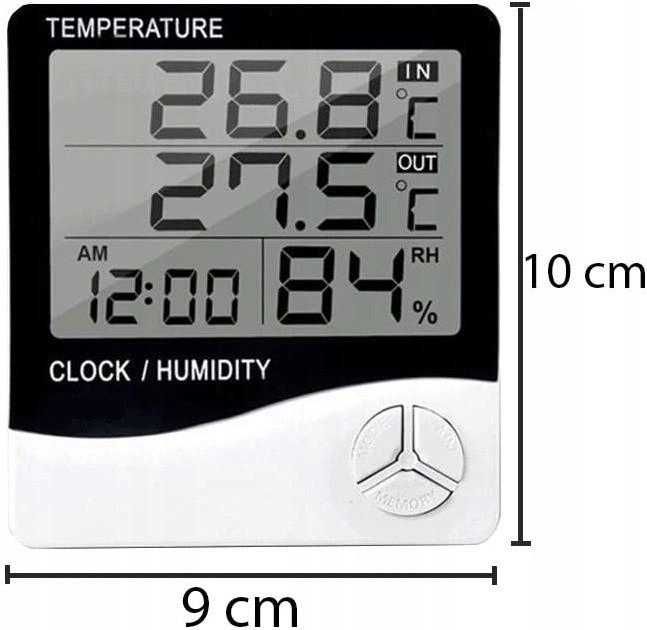 Termometr zewnętrzny z wilgotnościomierzem i zegarem LCD
