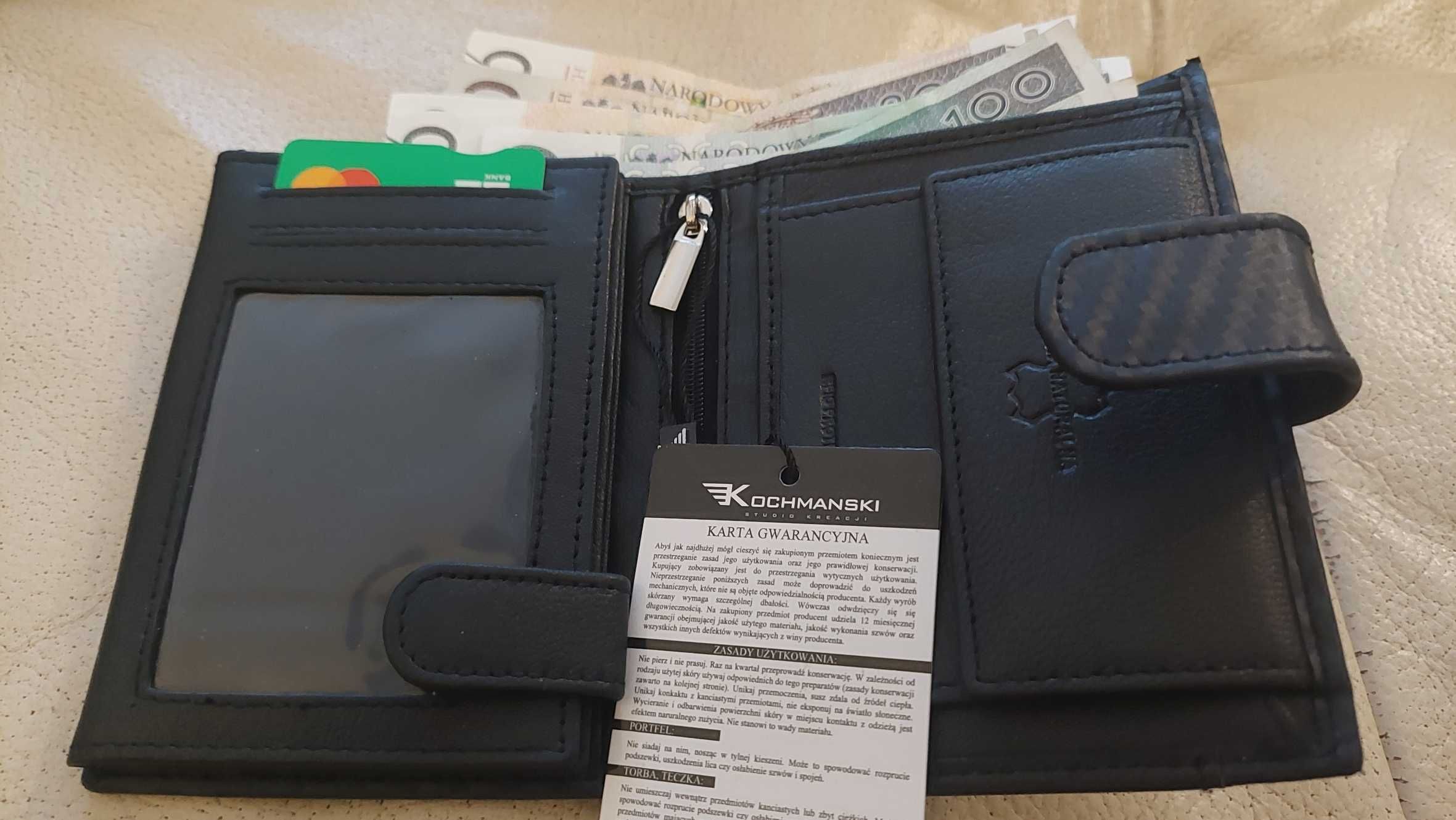Kochmanski; męski skórzany granatowy duży portfel; RFID; premium!