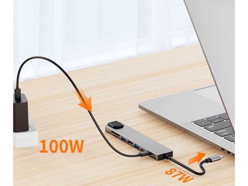 Hub USB-C 8w1: PD 100W HDMI, RJ45, 2xUSB-A, USB-C, czytnik kart  06331