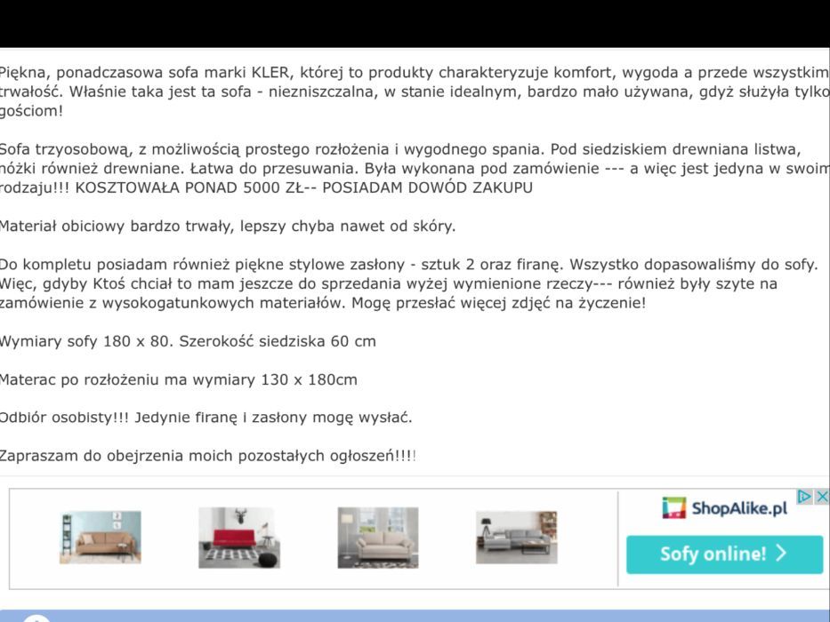 KLER--sofa trzyosobowa- piękna + zasłony z firaną