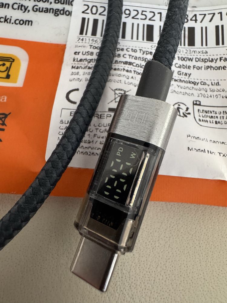 TOOCKI Kabel fast charging 100W.   Usb-C- Usb-C. 1,8 metra.