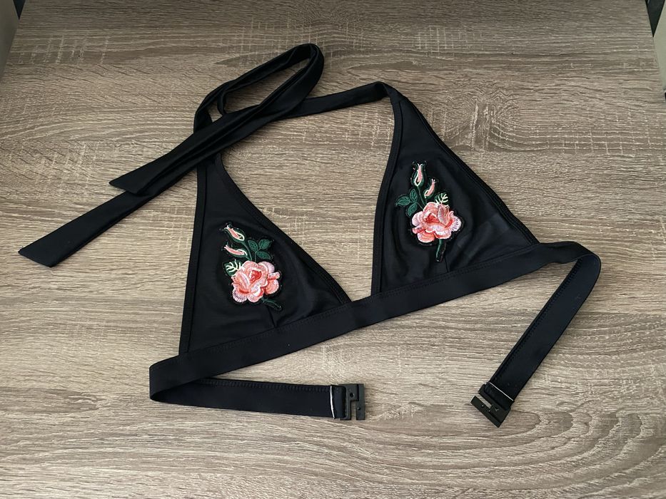 Черный топ-бикини с вышивкой в виде роз, полупрозрачный