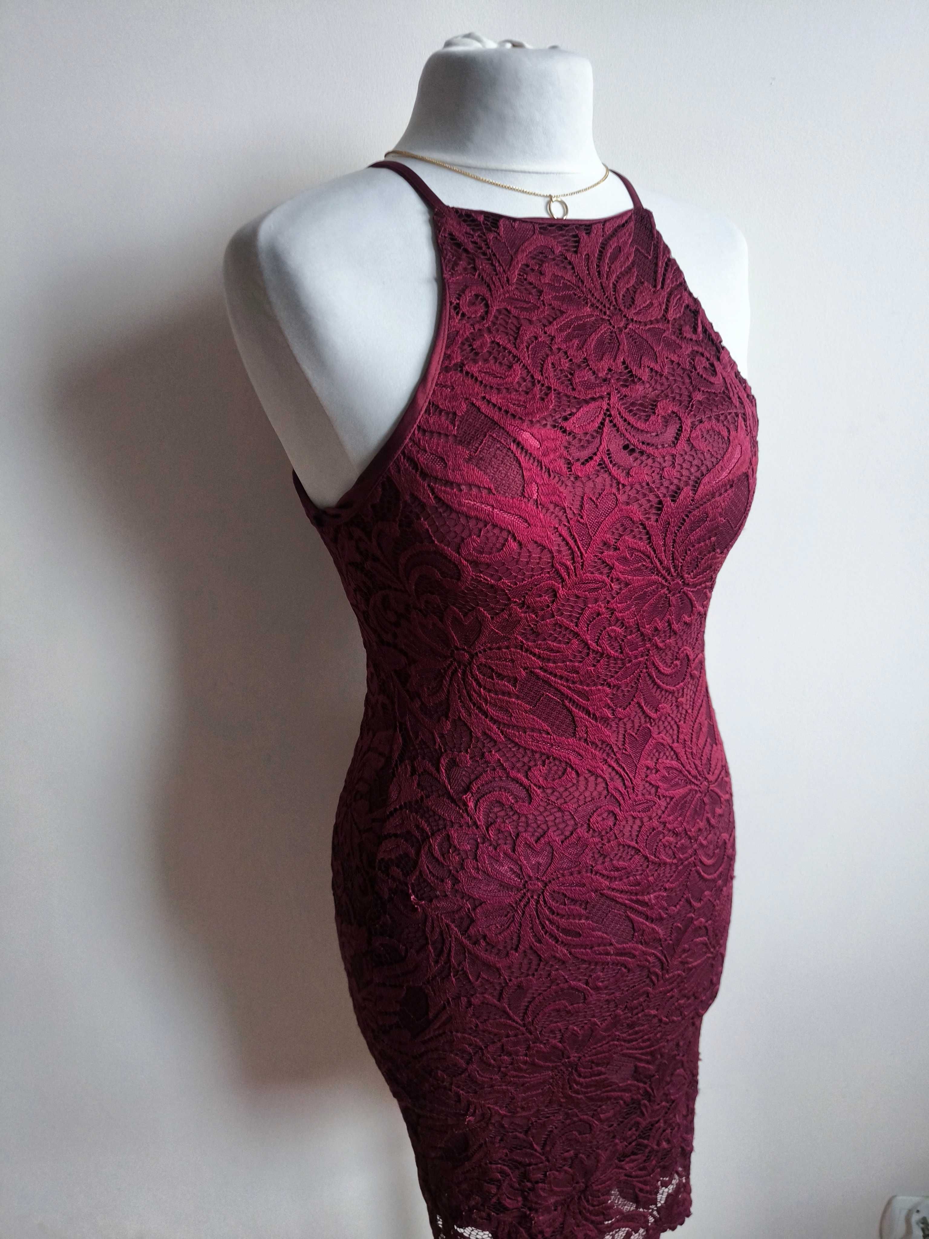 Bordowa elegancka koronkowa sukienka marki New Look w rozmiarze S/36