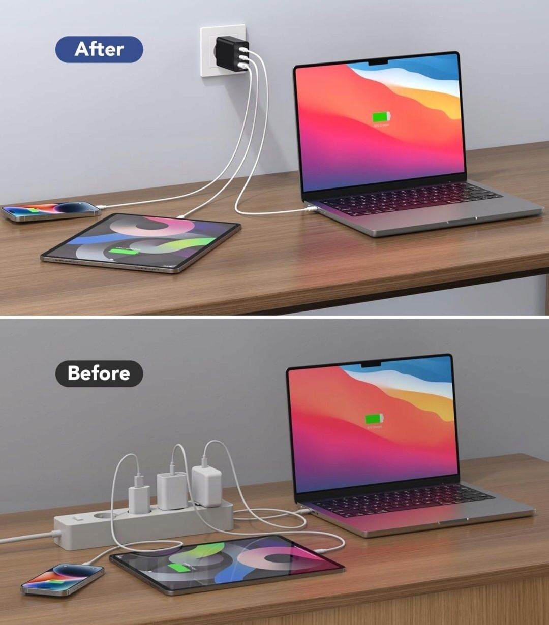 Ładowarka USB C 65 W, 3-portowa szybka ładowarka USB z kablem 2m