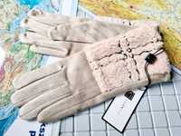 Nowe ocieplane zimowe rękawiczki damskie marki Code beżowe modne