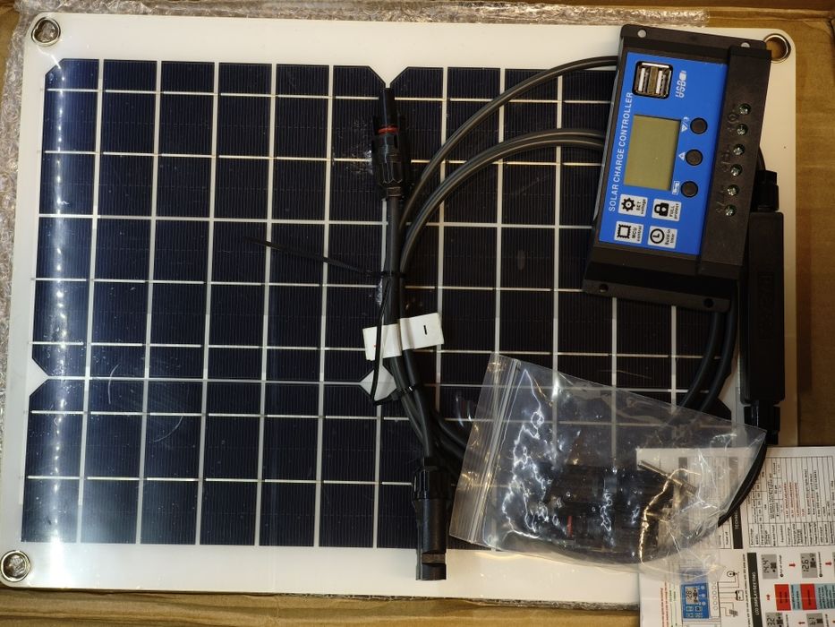 Panel fotowoltaiczny, elastyczny, regulator, ładowarka 12V, kemping