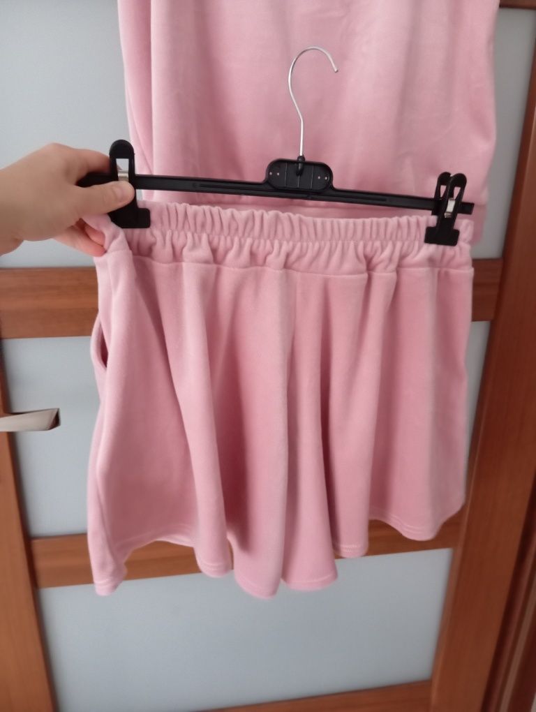 Komplet welurowy koszulka i spodenki lato S/M/L/XL pudrowy róż