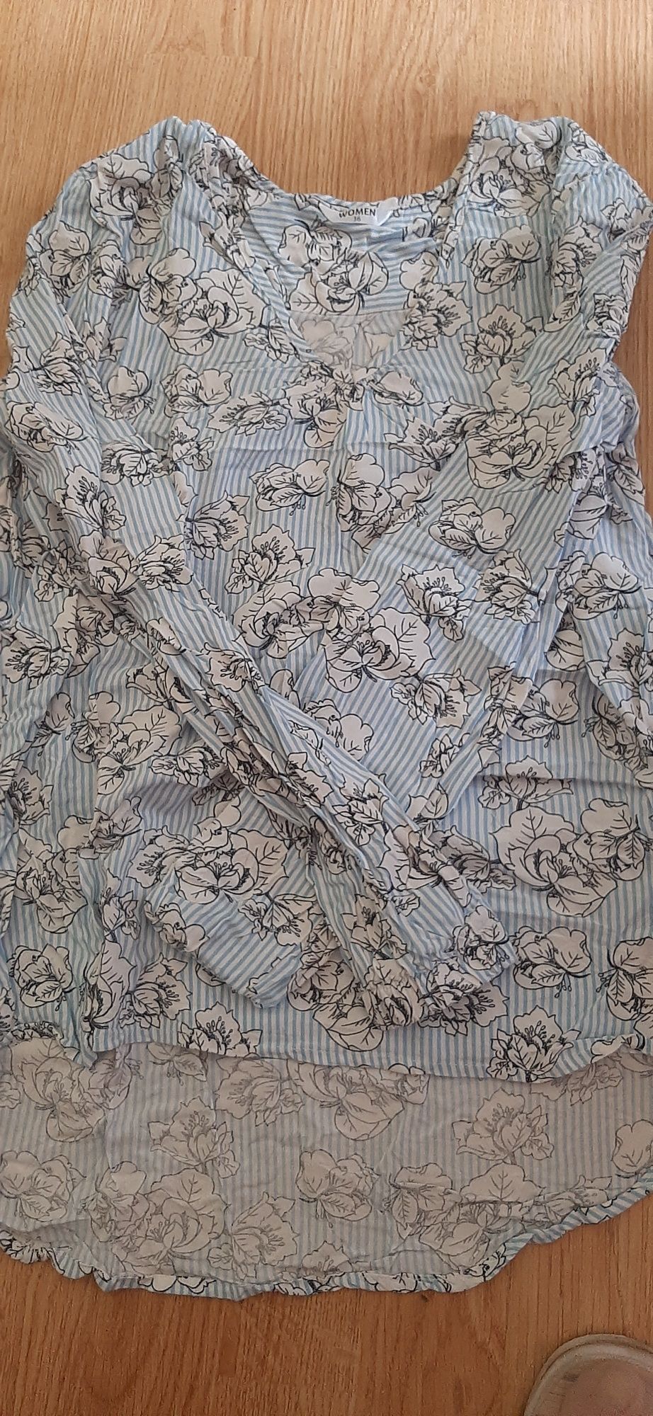Dłuższa bluzka koszulowa tunika niebieska kwiaty paski S