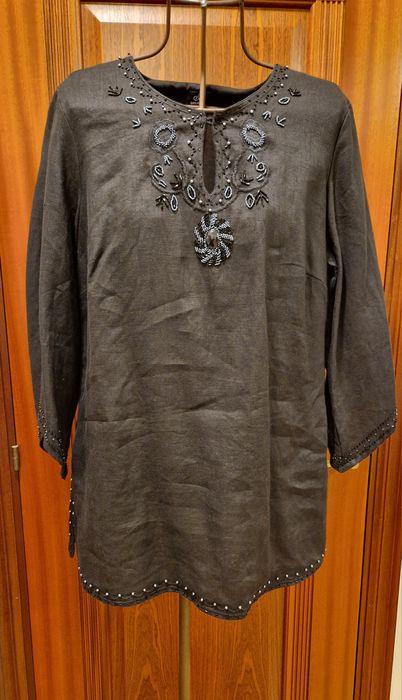 TUNIKA z lnu 100 % indyjska  XXL luźna czarna koraliki haft jak nowa