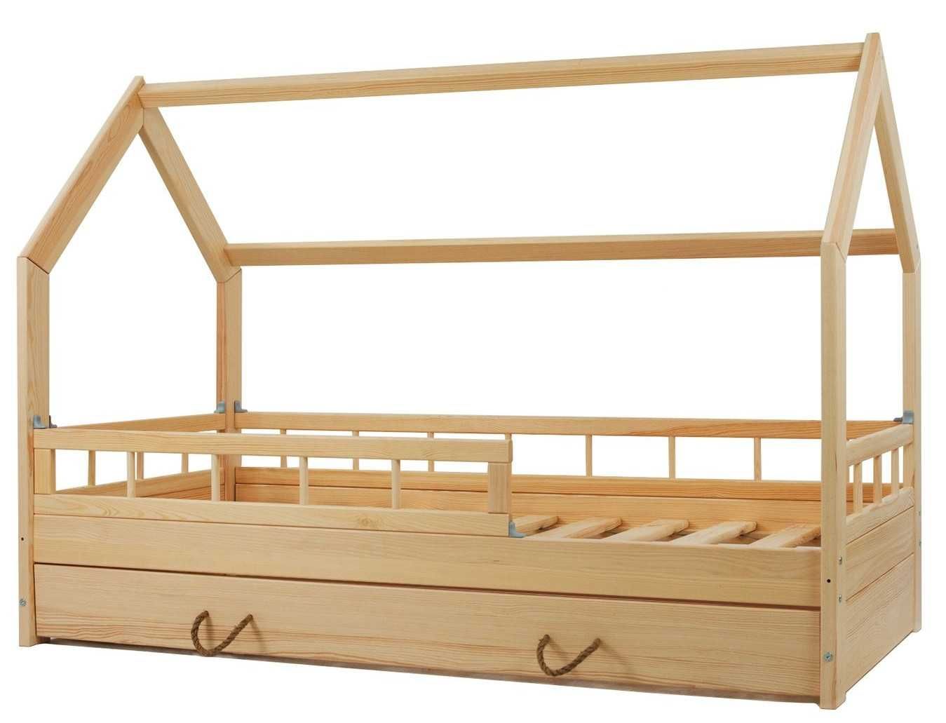 Łóżko dziecięce drewniane domek z szufladą 80 x 160 cm + barierki