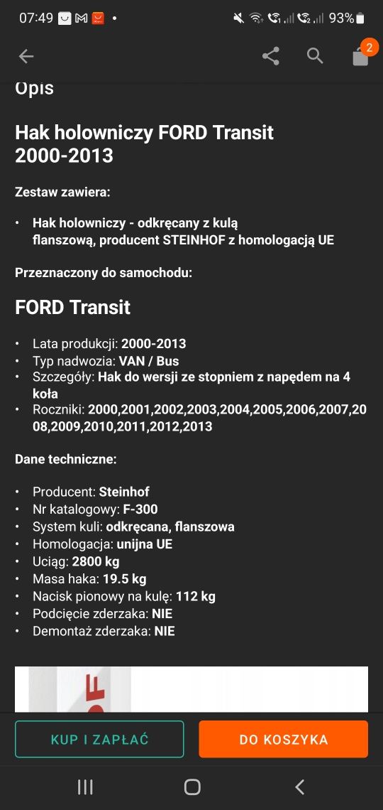 Hak holownicy ford transit od 2000 -2013
