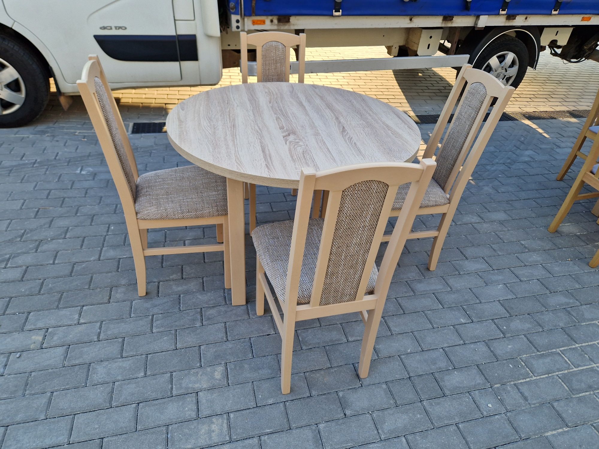 Nowe: Stół okrągły + 4 krzesła, sonoma + cappuccino,  transport całaPL