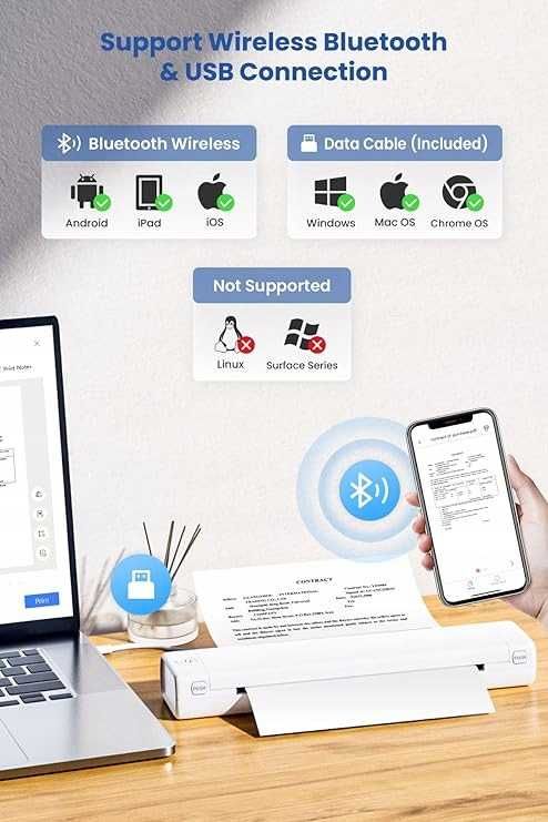 Mobilna drukarka termiczna A4, z Bluetooth, przenośna Kolor BIAŁY