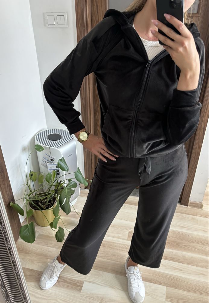 Czarny dres welurowy damski bluza i spodnie na gumce S Janina