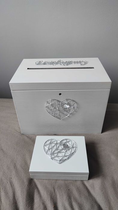 nowe białe pudełko na obrączki skrzynka na koperty srebrne plexi ślub