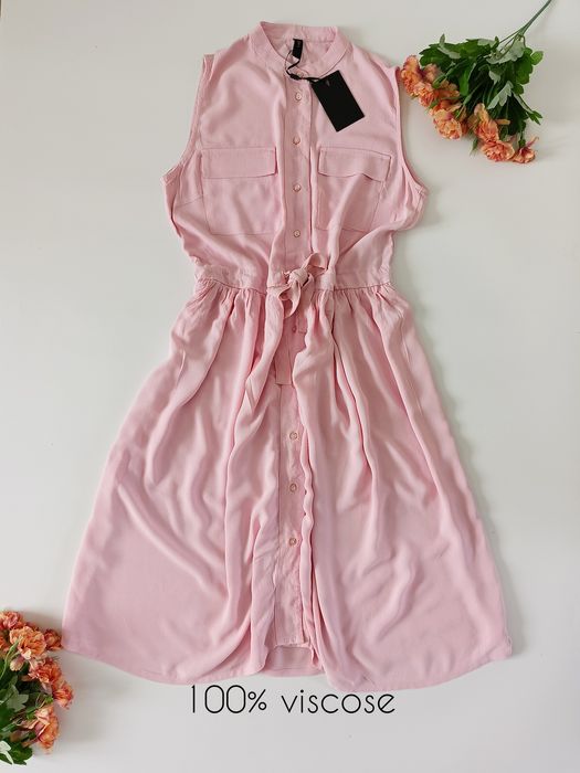 Różowa koszulowa sukienka wiskozowa z paskiem, 100% viscose, YES 36 S