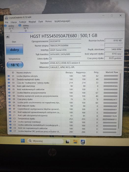 Sprawny dysk twardy HGST Z5K500-500 (2.5 CALA) (Testy na zdjeciach)
