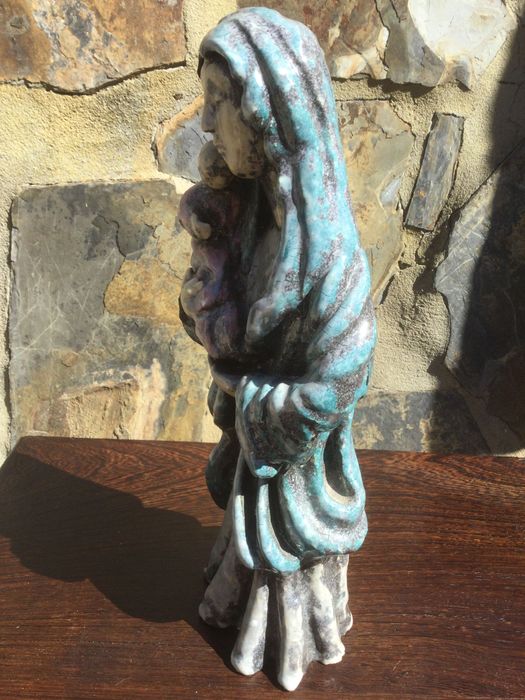 Escultura Modernista Nossa Senhora Menino Terracota 29 cm Arte Sácra