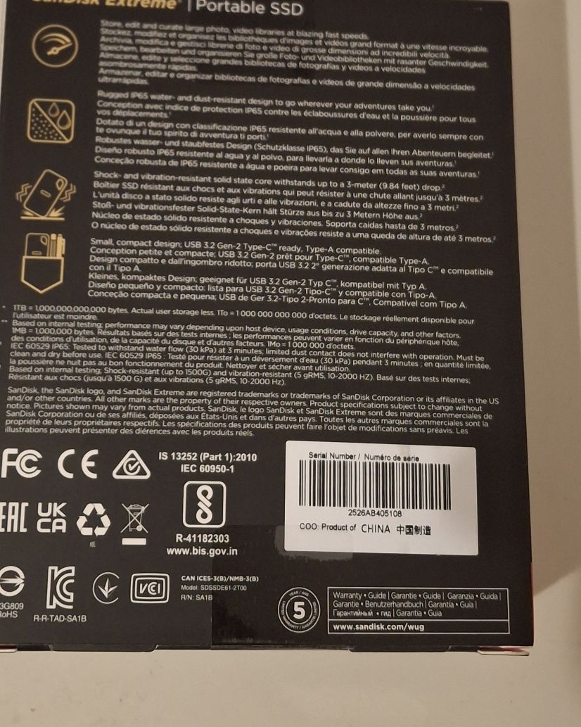 Disco Externo SANDISK Extreme (2 TB - USB Type-C - Preto)