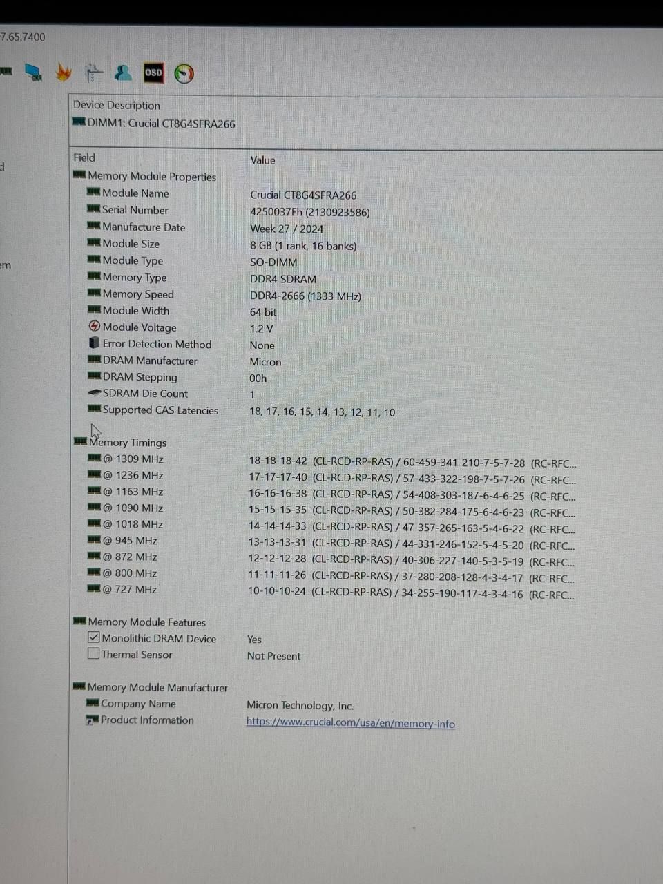 Оперативна памʼять Crucial DDR4 SODIMM 8GB 2666 MHz CL19