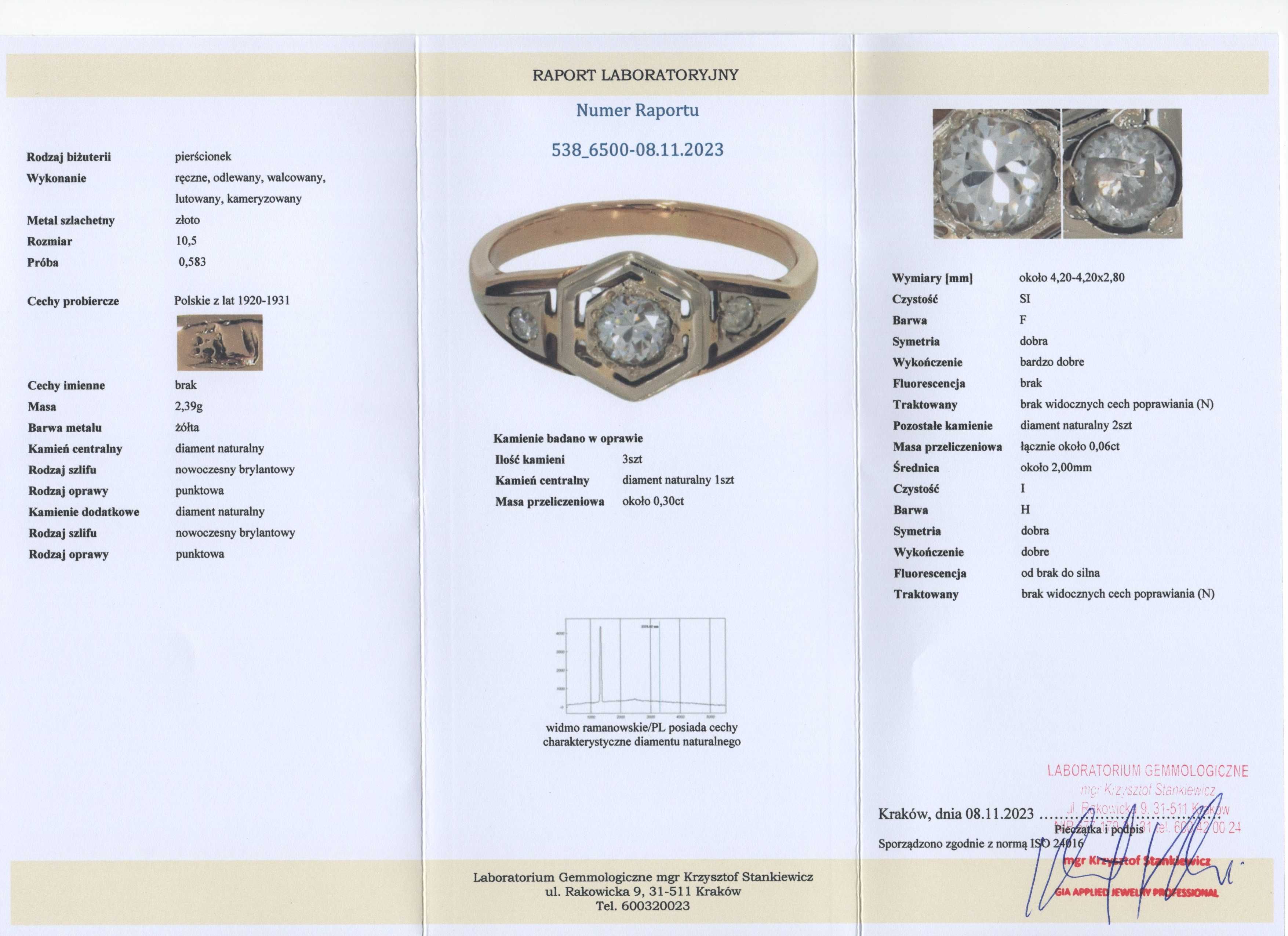 Złoty Pierścionek ART DECO -2,39g - Polska Lata 1920 - 1931 - DIAMENTY